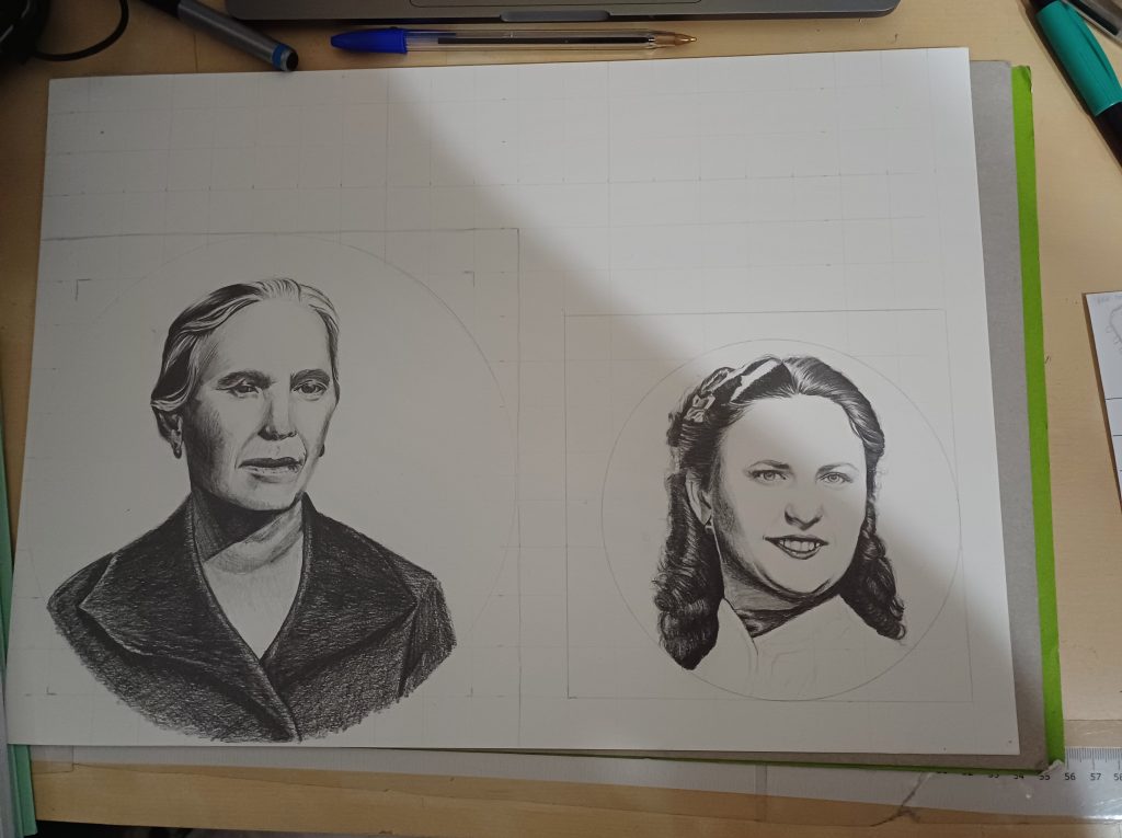 Proceso de dibujo de uno de los retratos del proyecto Memoria de mi bisabuela Lucía.