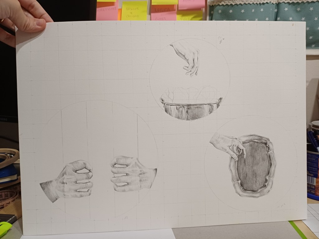 Estudios dibujados de manos y objetos durante el proceso creativo del proyecto.