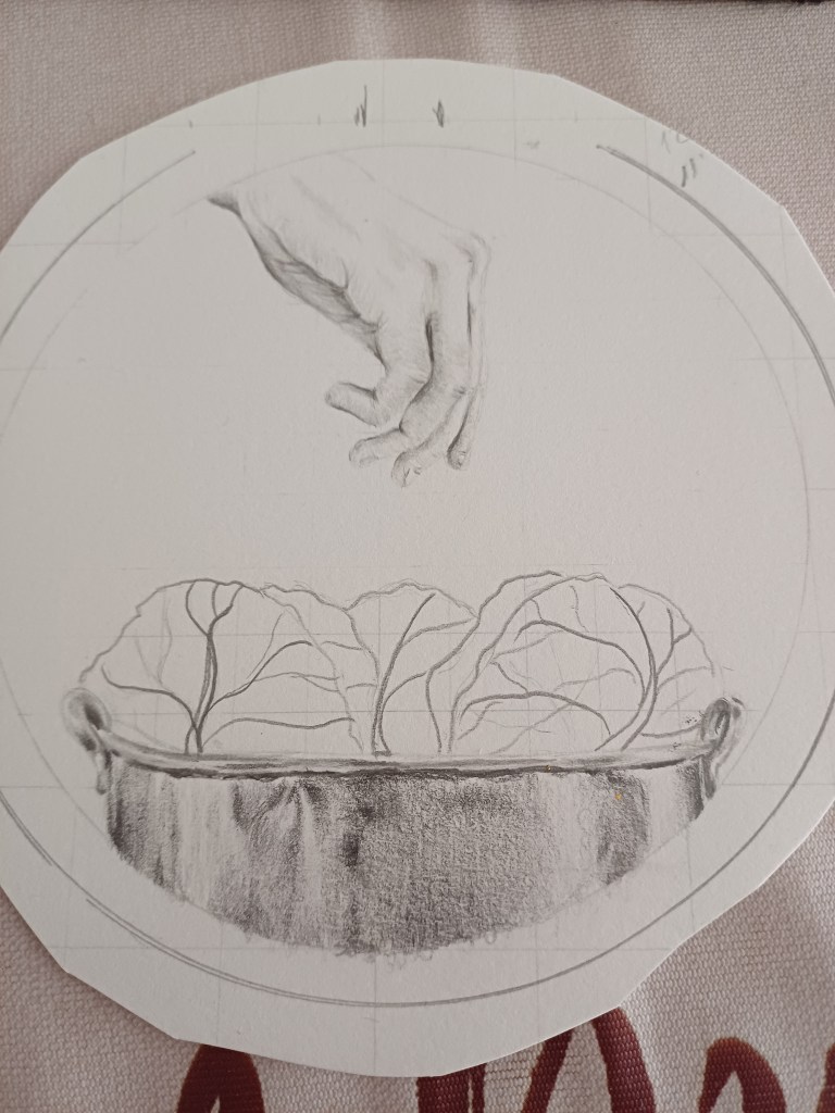 Proceso de ilustración de una mano sobre un recipiente con hojas, adaptada al formato circular de bastidor.