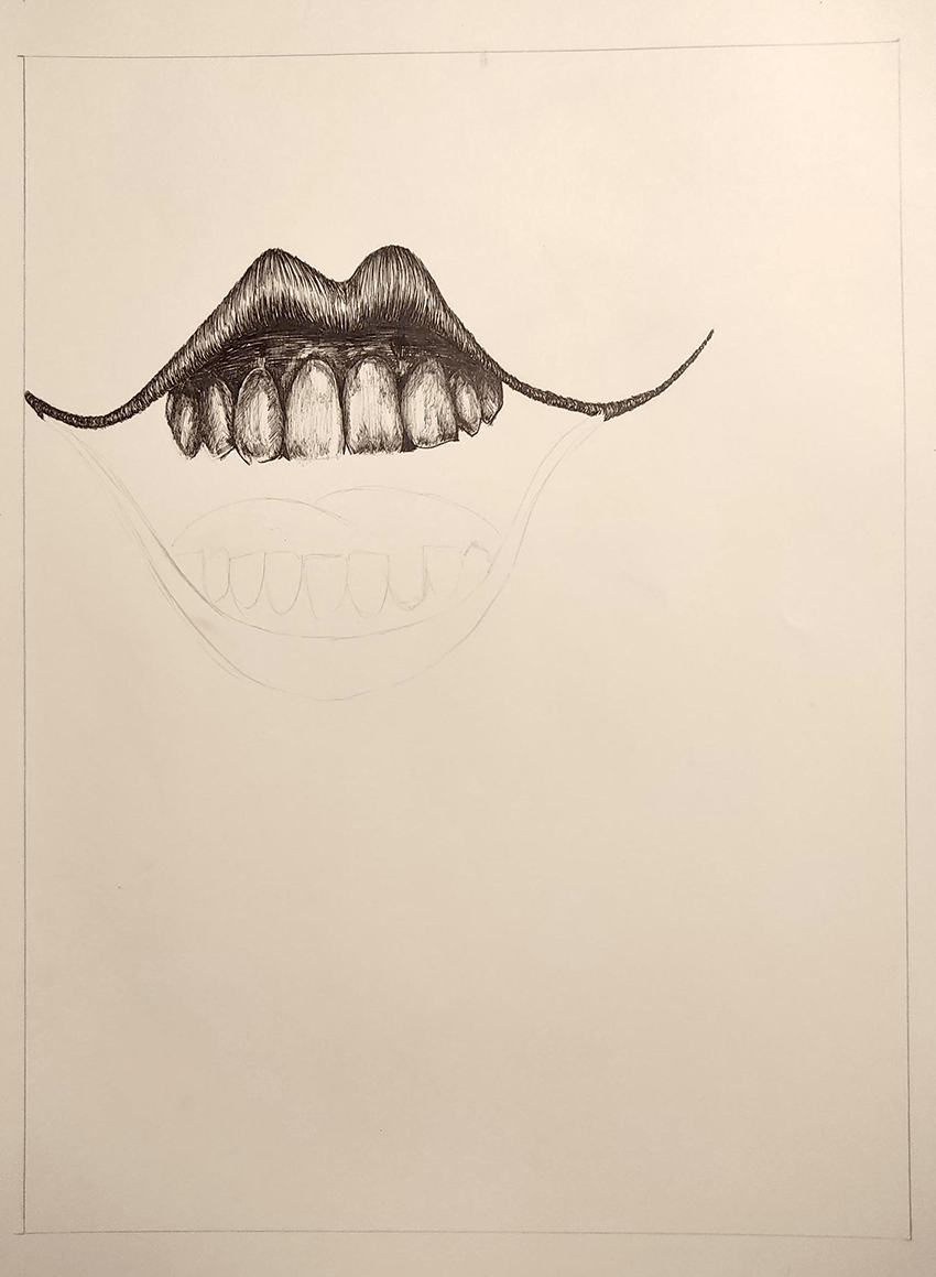 Proceso de dibujo a bolígrafo negro de la boca del poema visual Miedo.
