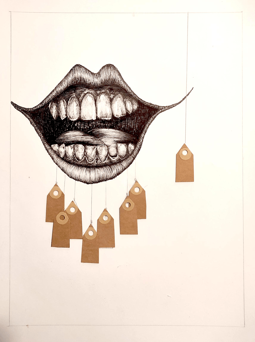 Prueba de composición del poema visual con etiquetas de papel suspendidas.