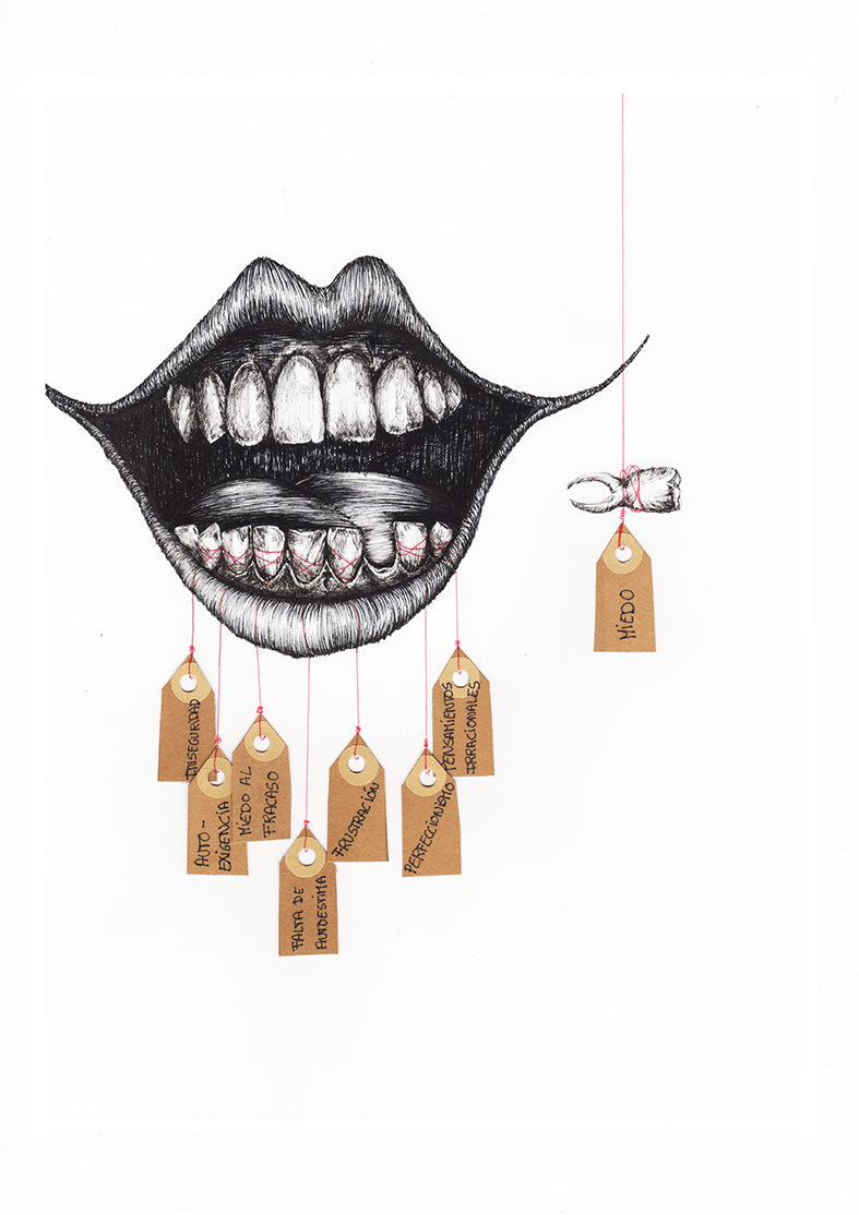 Poema visual Miedo realizado con bolígrafo negro y etiquetas de papel.