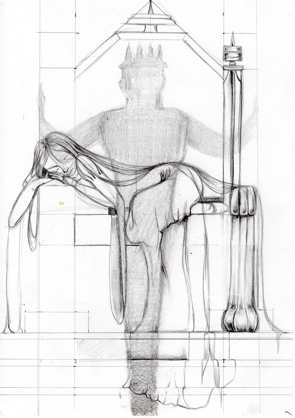 Dibujo desarrollado de Talía en el trono y la sombra del rey antes del acabado final.