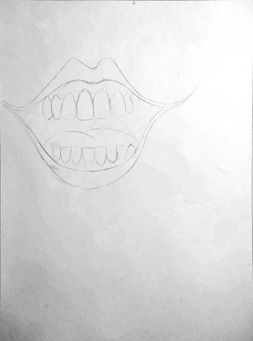 Boceto inicial a lápiz de una boca abierta para el poema visual Miedo.